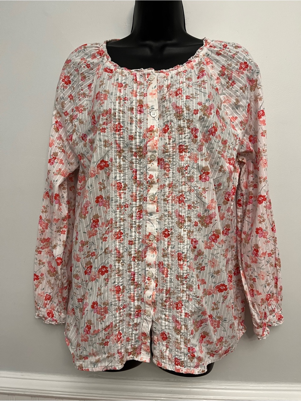 Talbots Romantic Floral Pintucked & Ruffled Long Sleeve Blouse, Size Large